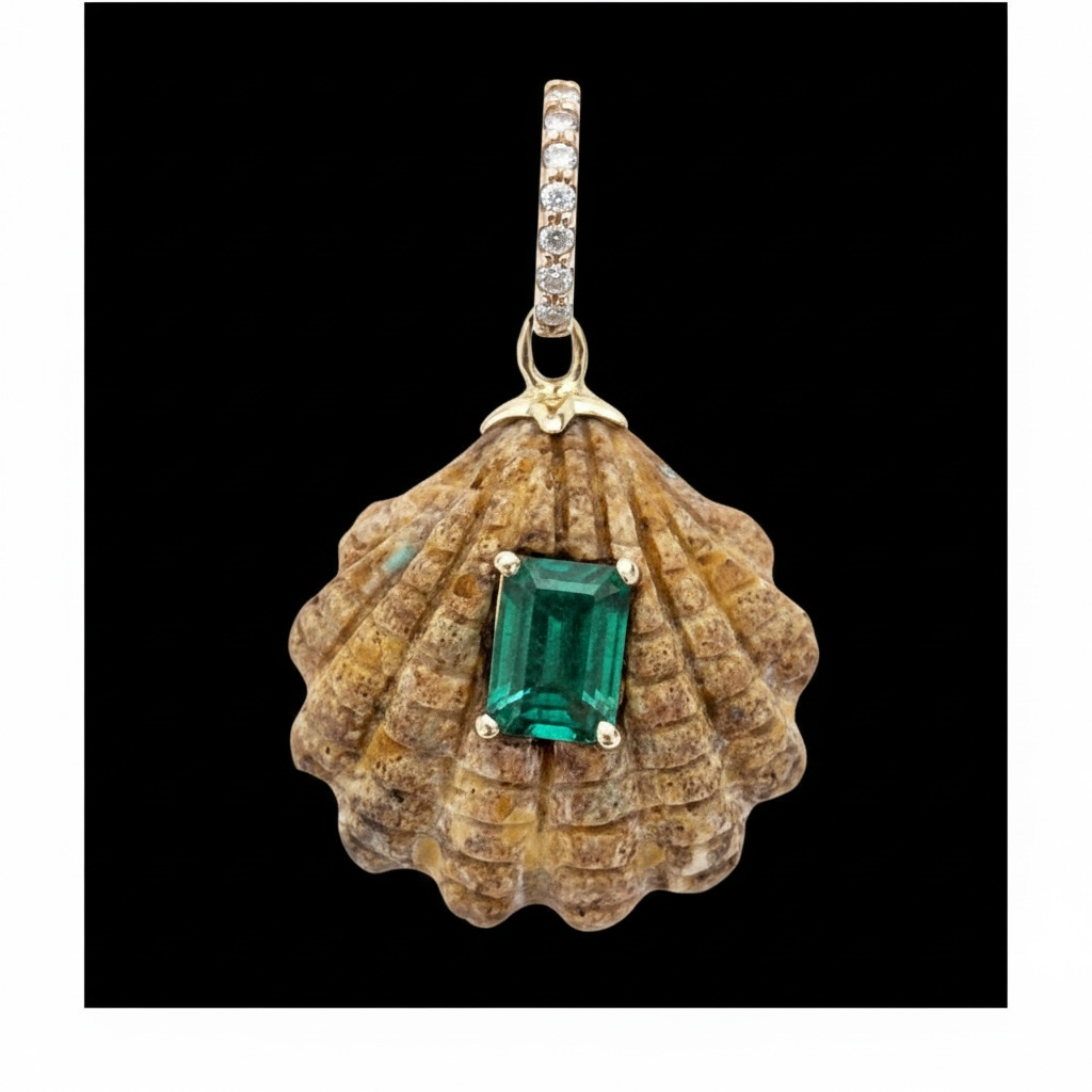 Australian Boulder Opal Shell Pendant with Emerald and Diamond Bail