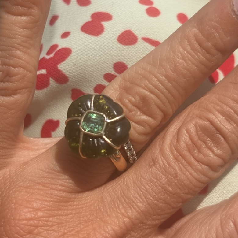 Green Tourmaline FLORA Ring, 14k Gold
