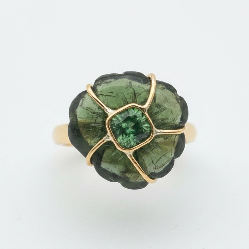 Green Tourmaline FLORA Ring, 14k Gold