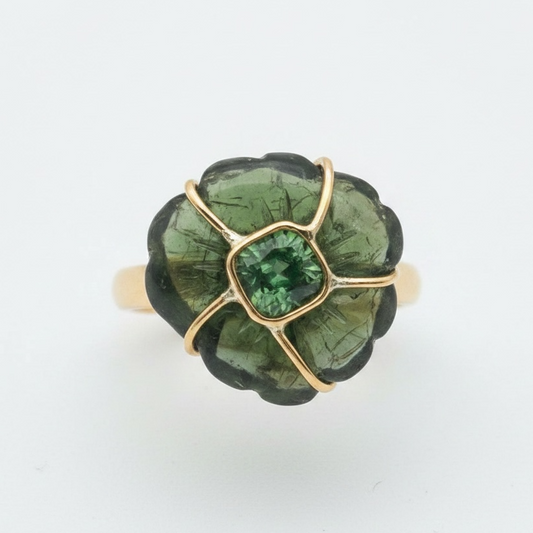 Green Tourmaline FLORA Ring, 14k Gold