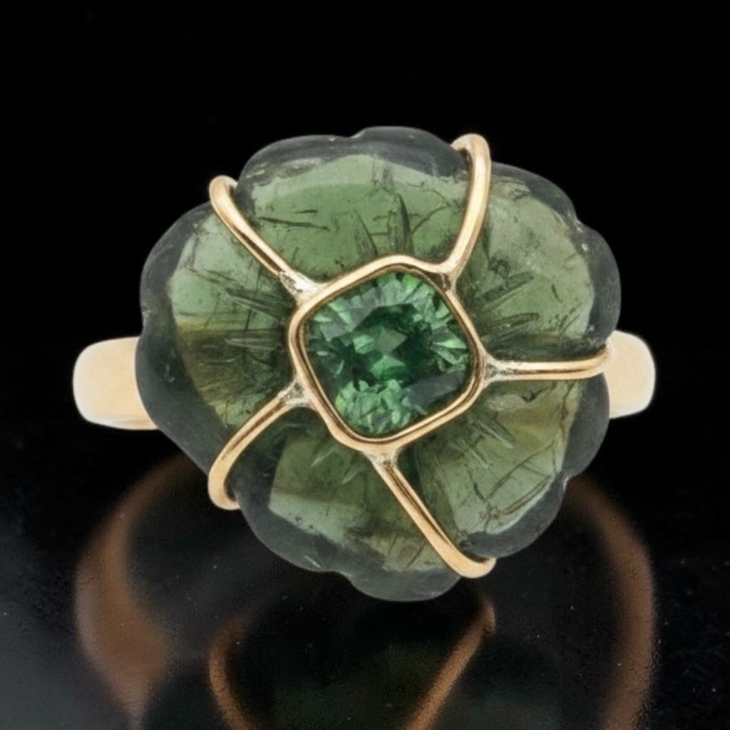 Green Tourmaline FLORA Ring, 14k Gold