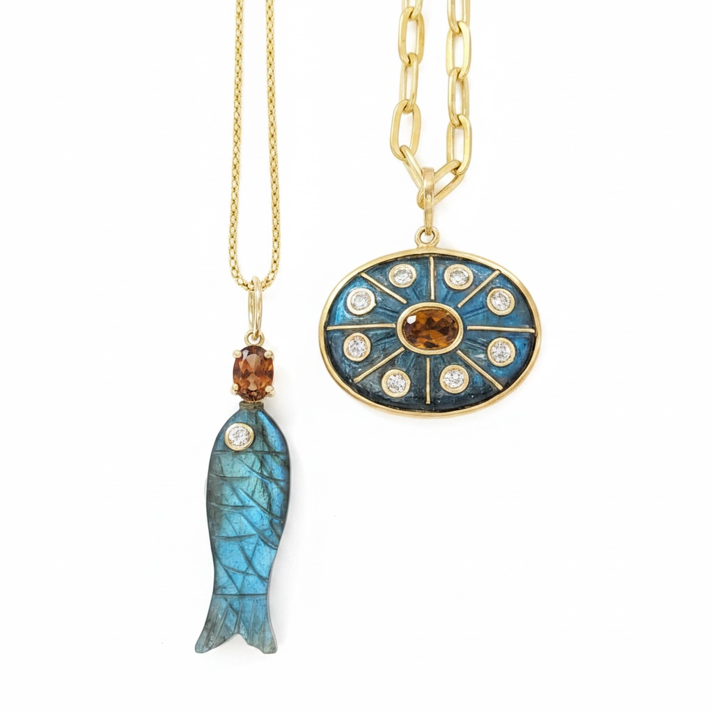 Perfect Poisson Labradorite Fish Pendant with Brown Tourmaline & Diamonds