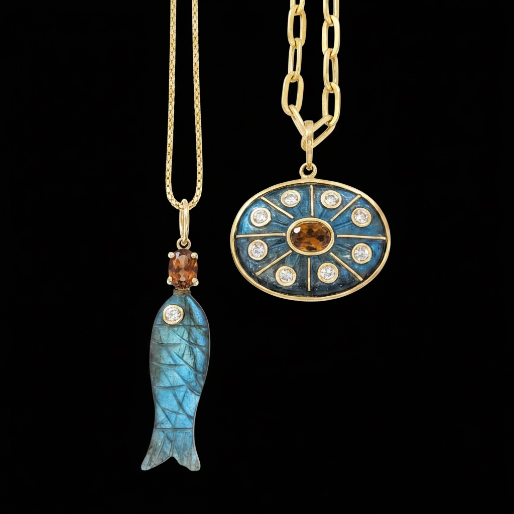 Perfect Poisson Labradorite Fish Pendant with Brown Tourmaline & Diamonds