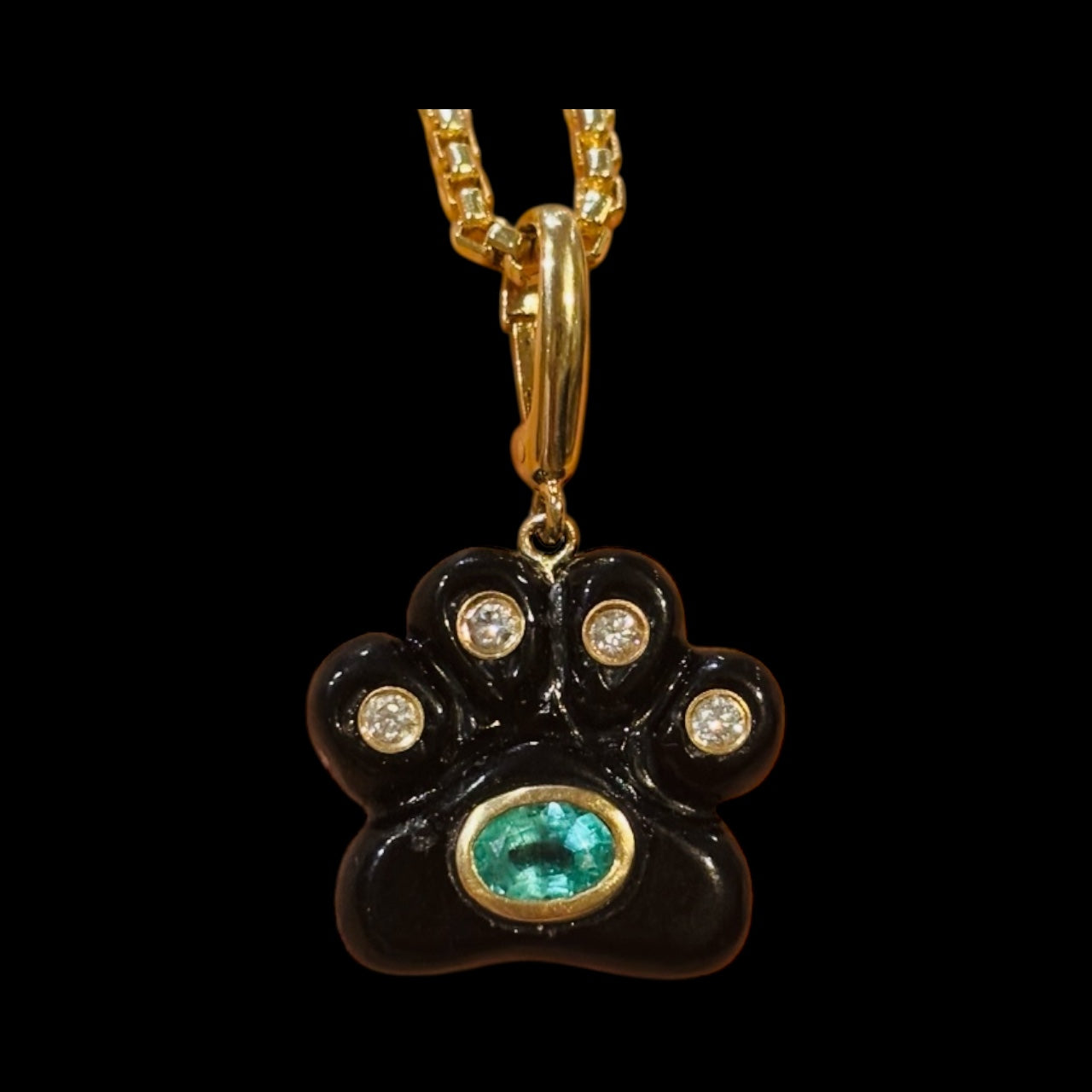 Dog Paw Pendant, Black Onyx, Diamonds & Emerald