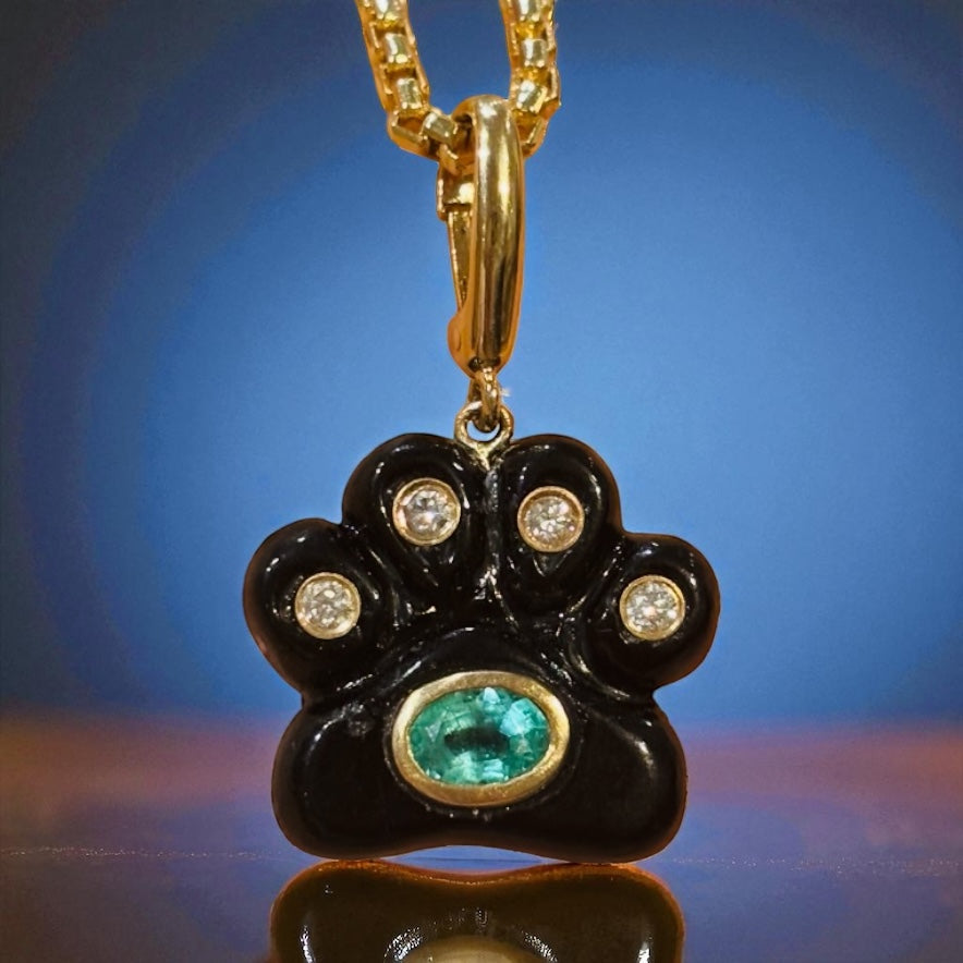 Dog Paw Pendant, Black Onyx, Diamonds & Emerald