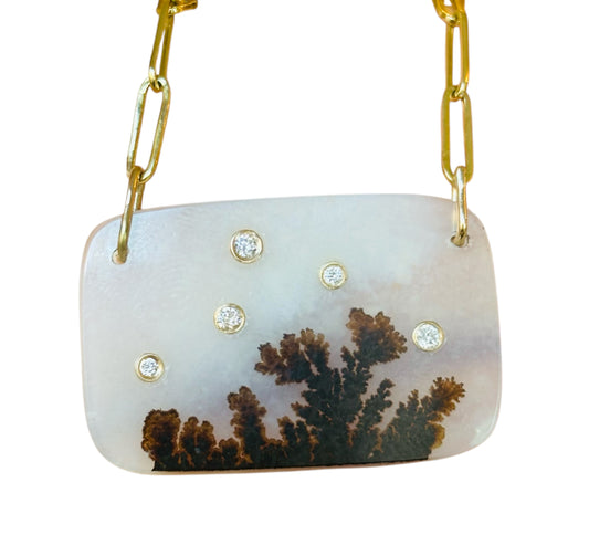 Dendritic Agate Necklace with Diamonds
