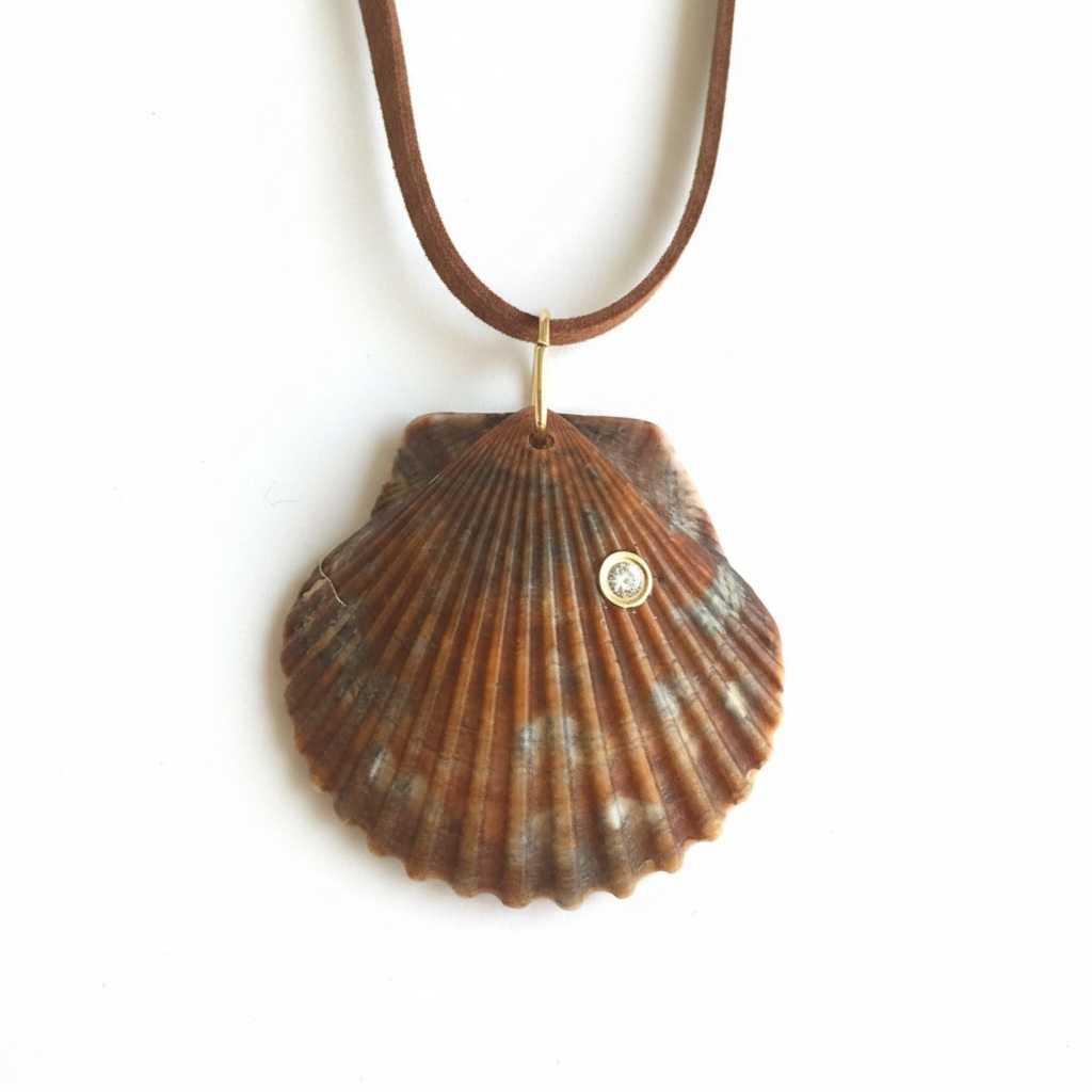 Natural Shell Pendant with Diamond, 14k Gold & Suede