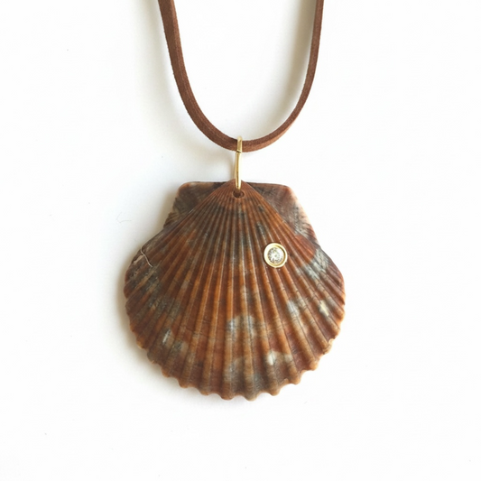 Natural Shell Pendant with Diamond, 14k Gold & Suede