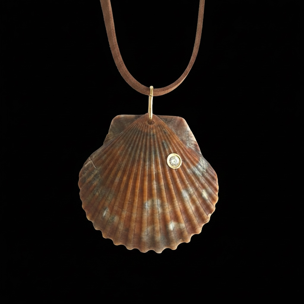 Natural Shell Pendant with Diamond, 14k Gold & Suede
