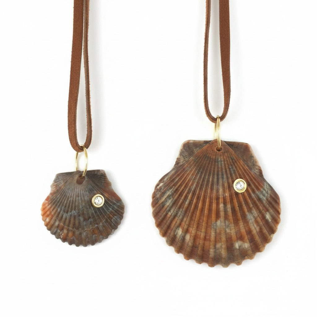 Natural Shell Pendant with Diamond, 14k Gold & Suede