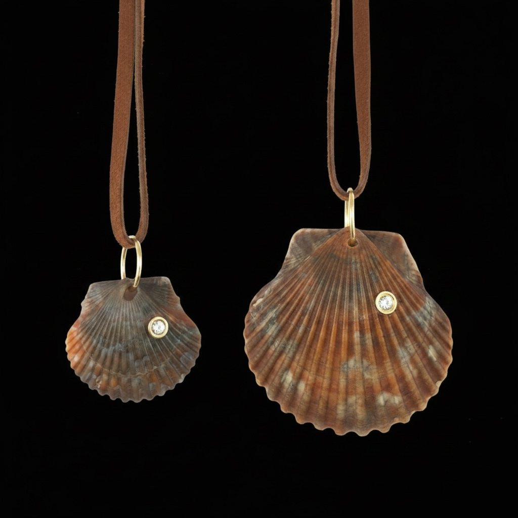 Natural Shell Pendant with Diamond, 14k Gold & Suede