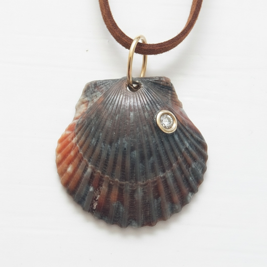 Natural Shell Pendant with Diamond, 14k Gold and Suede