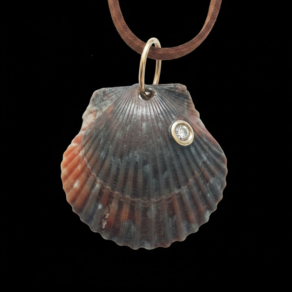Natural Shell Pendant with Diamond, 14k Gold and Suede