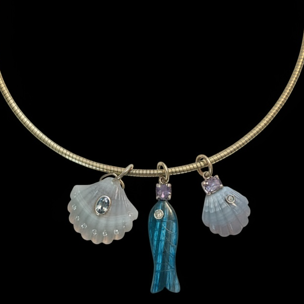 Laguna Agate Shell Pendant with Diamond, Spinel and 14k Gold