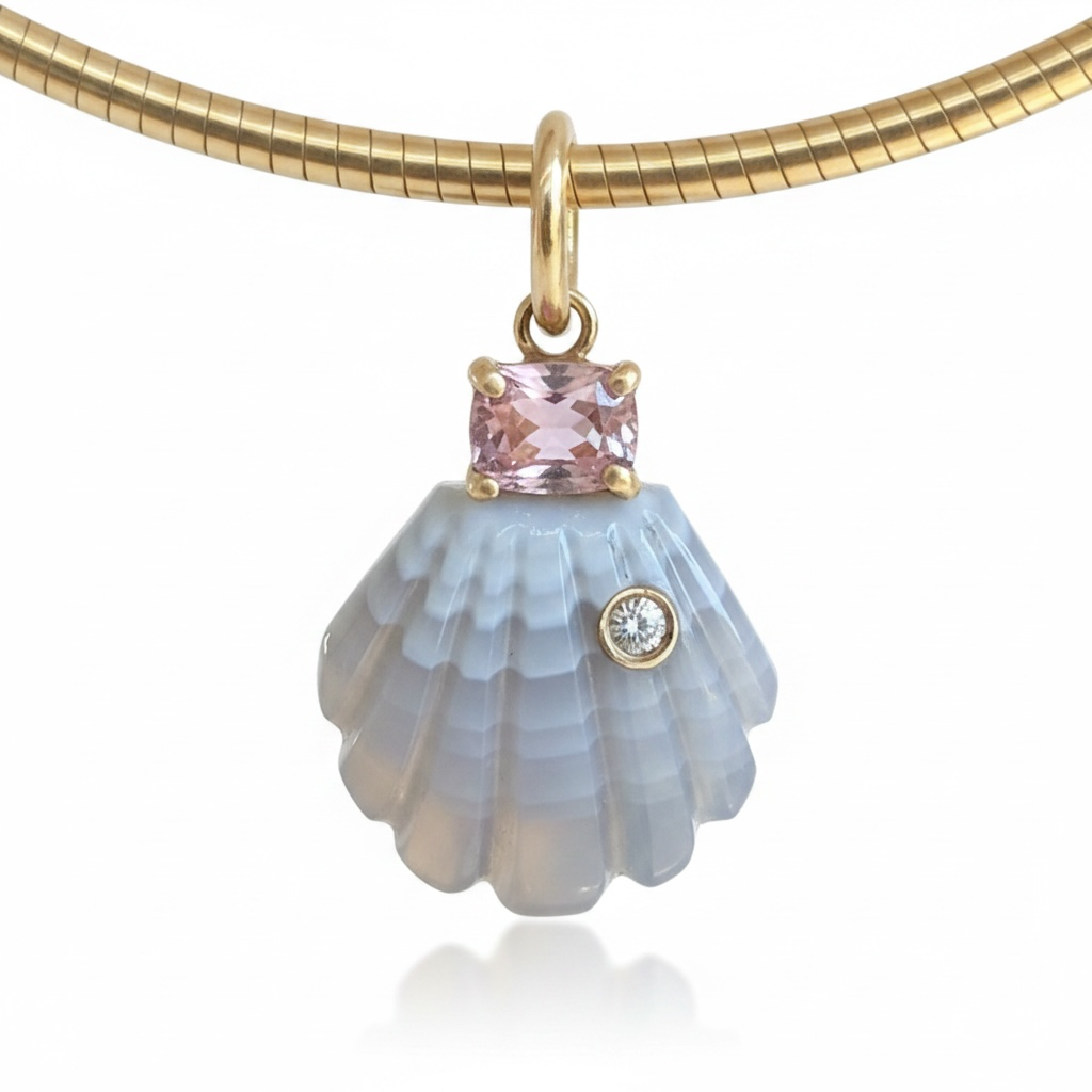 Laguna Agate Shell Pendant with Diamond, Spinel and 14k Gold