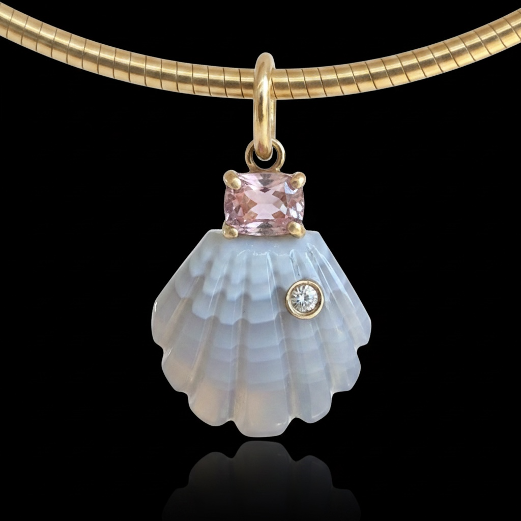 Laguna Agate Shell Pendant with Diamond, Spinel and 14k Gold