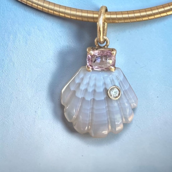 Laguna Agate Shell Pendant with Diamond, Spinel and 14k Gold