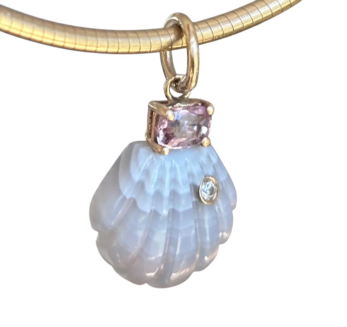 Laguna Agate Shell Pendant with Diamond, Spinel and 14k Gold
