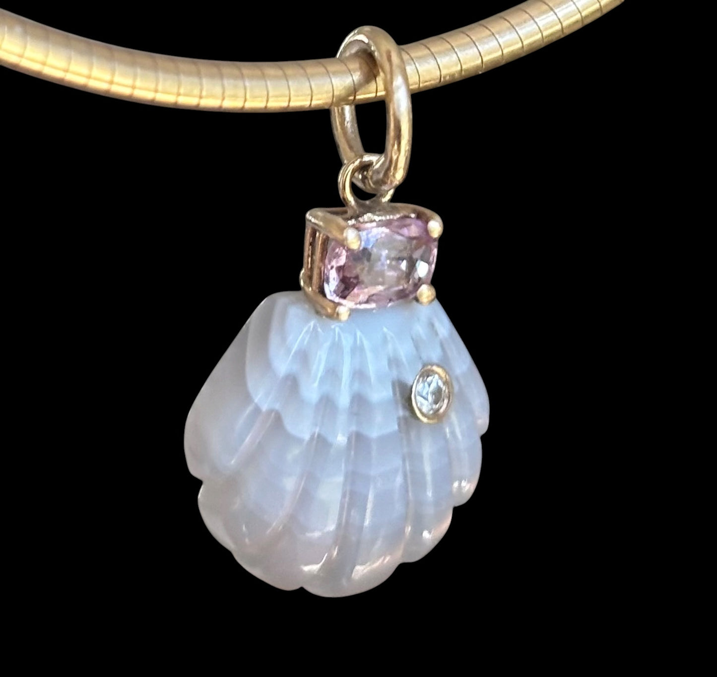 Laguna Agate Shell Pendant with Diamond, Spinel and 14k Gold