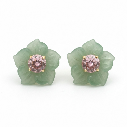 FLORA Stud Earrings, Green Aventurine with Pink Tourmaline & 14k Gold
