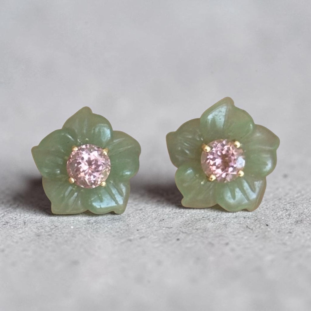 FLORA Stud Earrings, Green Aventurine with Pink Tourmaline & 14k Gold