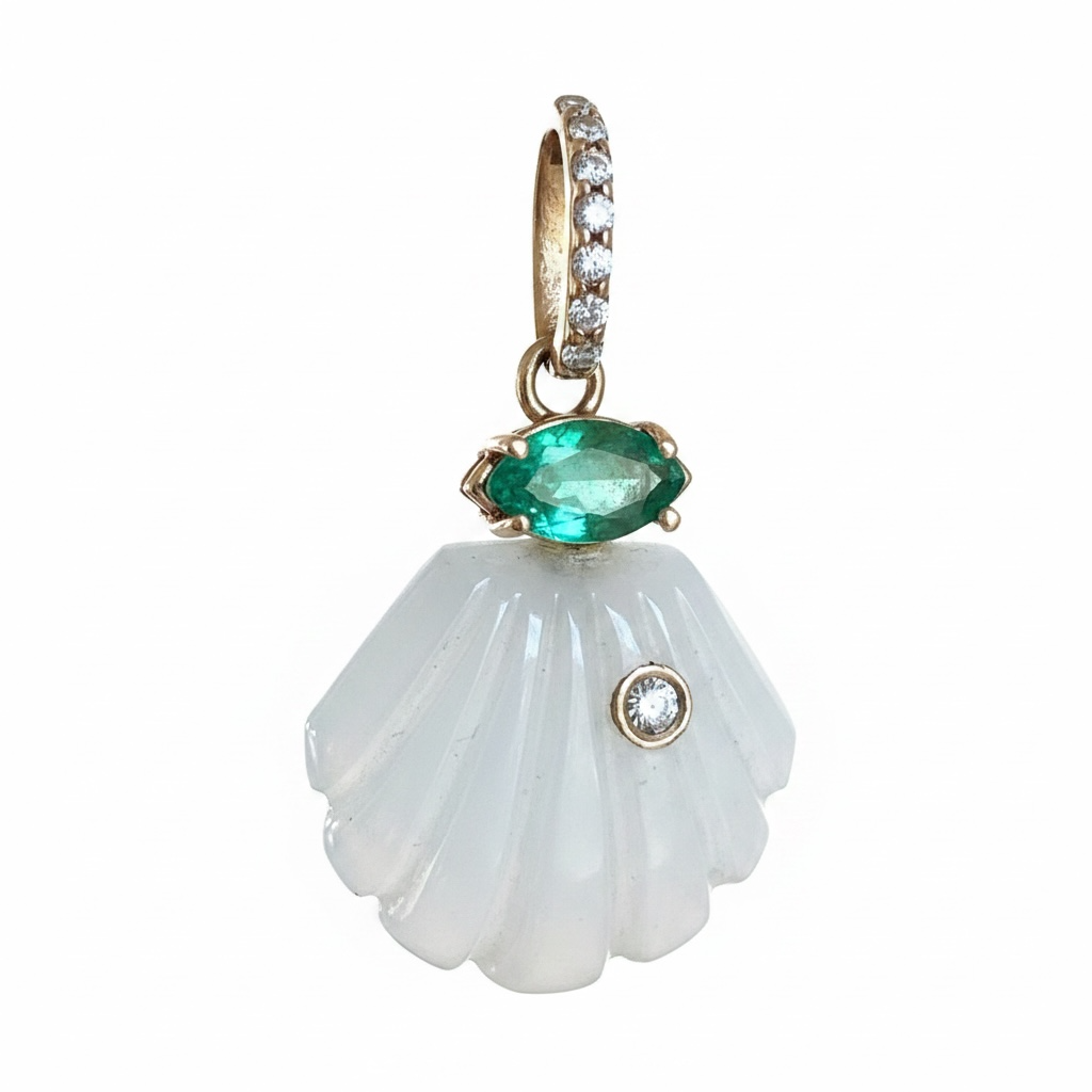 Moonstone Shell Pendant with Diamonds, Emerald and 14k Gold