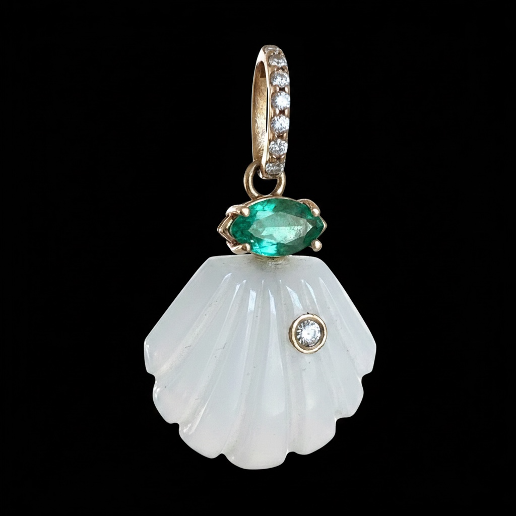 Moonstone Shell Pendant with Diamonds, Emerald and 14k Gold