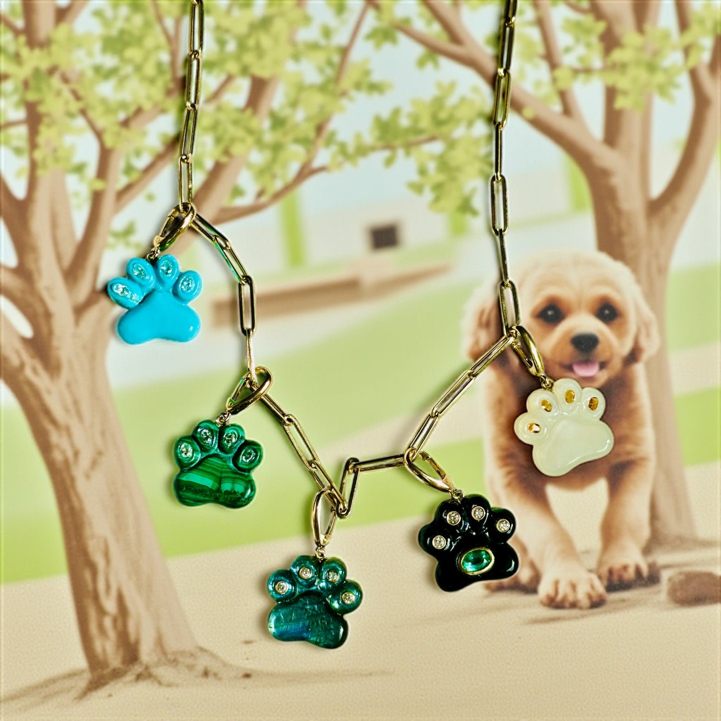 Dog Paw Pendant, Malachite & Diamonds