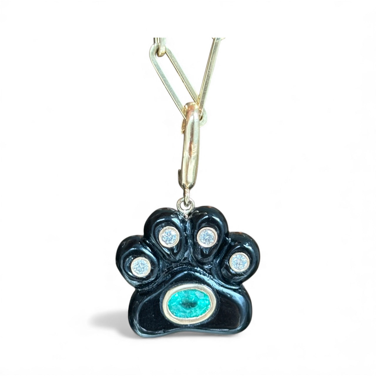 Dog Paw Pendant, Black Onyx, Diamonds & Emerald