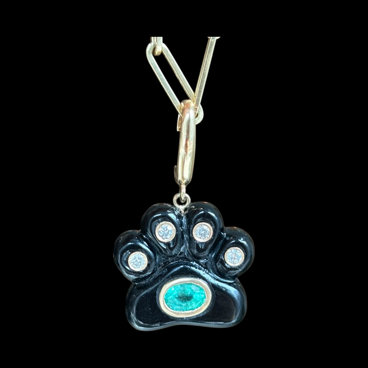 Dog Paw Pendant, Black Onyx, Diamonds & Emerald