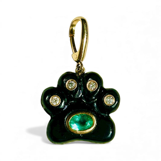 Dog Paw Pendant, Black Onyx, Diamonds & Emerald