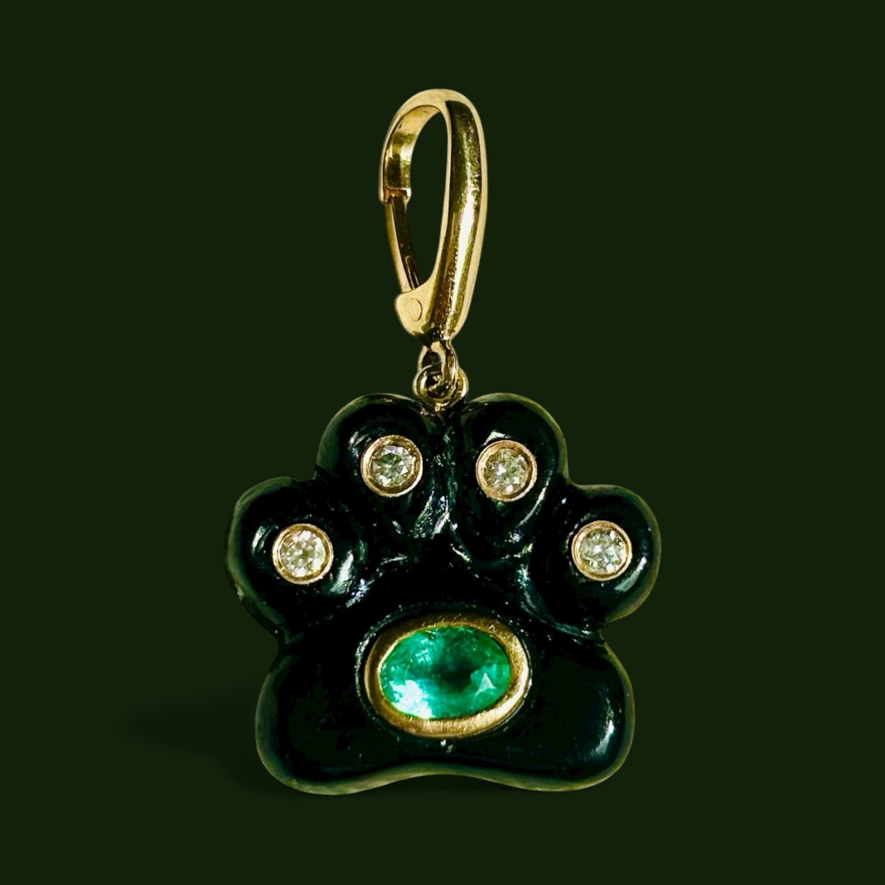 Dog Paw Pendant, Black Onyx, Diamonds & Emerald