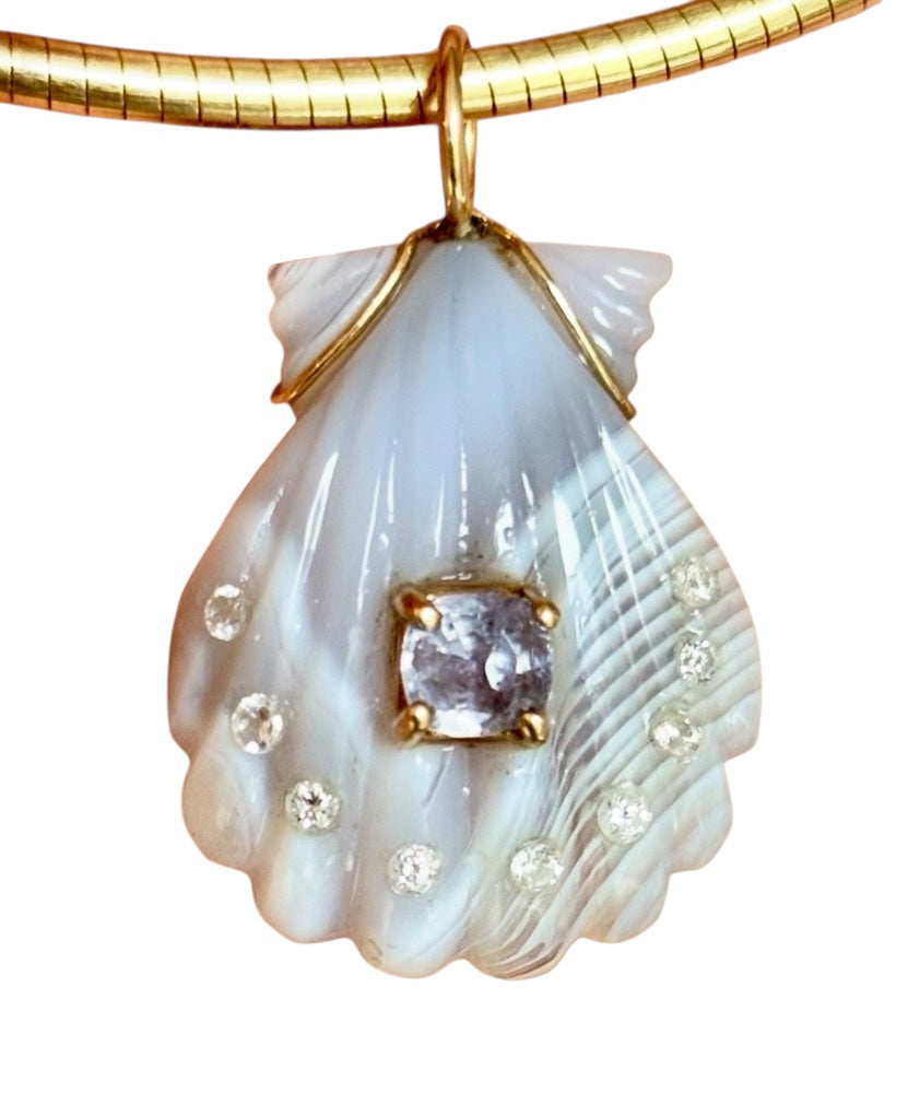 Laguna Agate Shell Pendant with Spinel and Diamonds