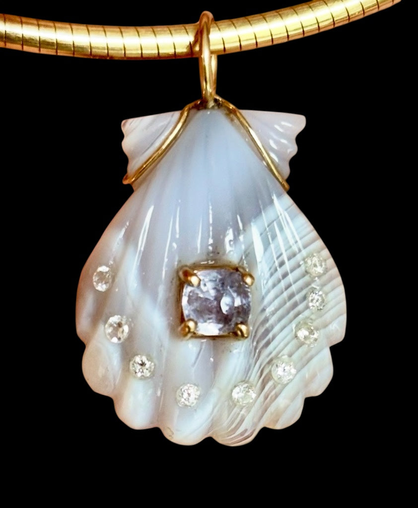 Laguna Agate Shell Pendant with Spinel and Diamonds