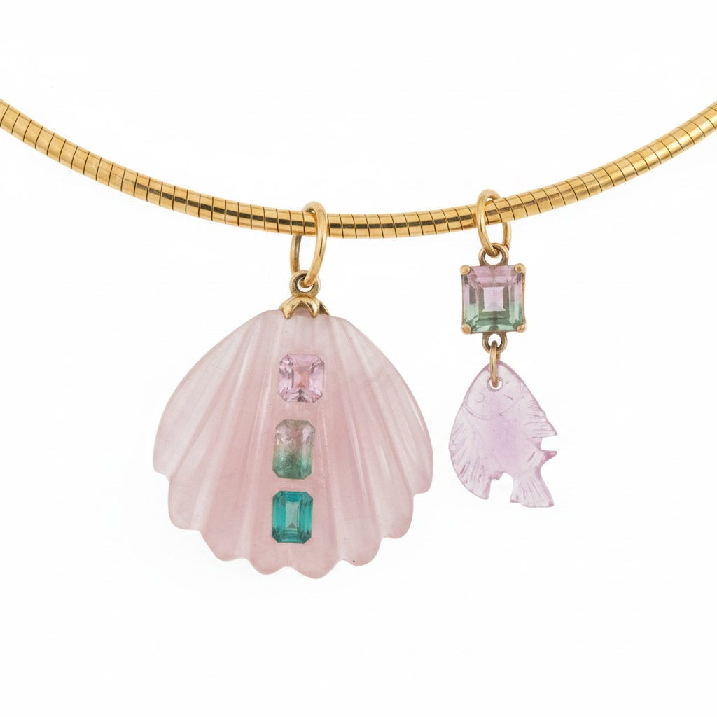 Pink Tourmaline Fish Pendant with Watermelon Tourmaline and 14k Gold