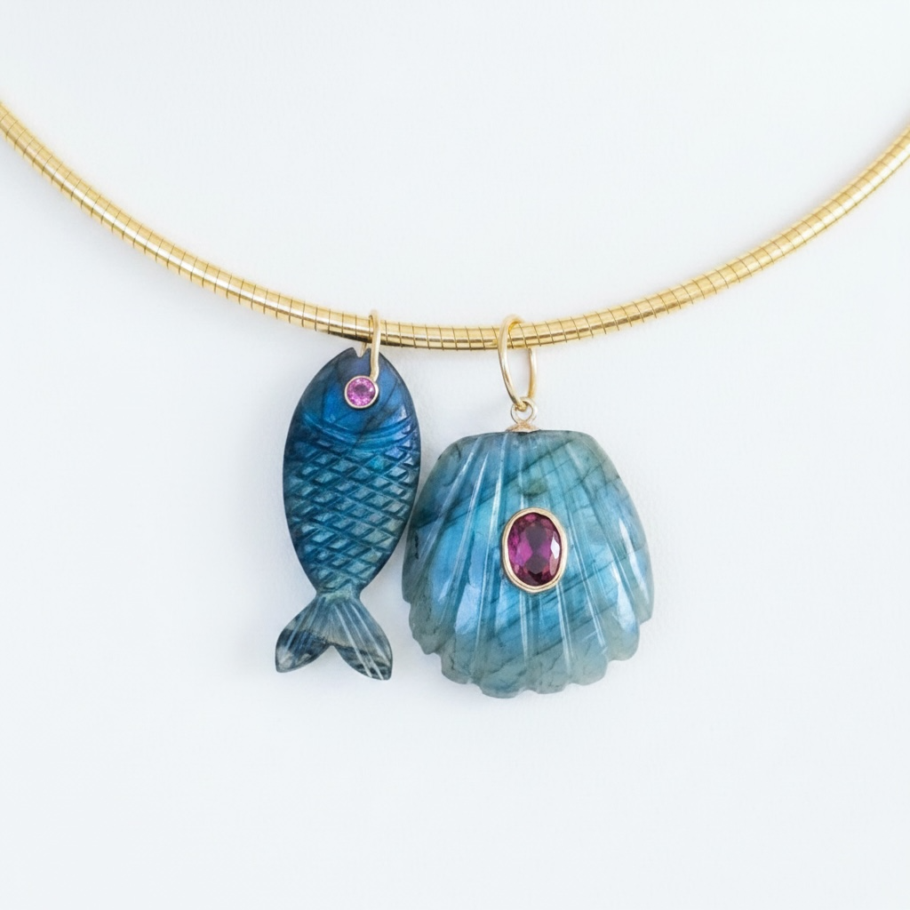 Labradorite Shell Pendant with Pink Tourmaline & 14k Gold