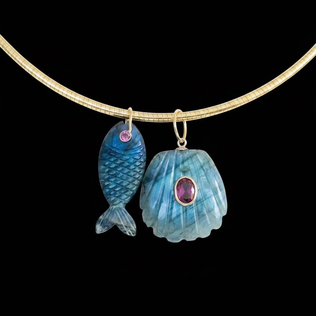 Labradorite Shell Pendant with Pink Tourmaline & 14k Gold