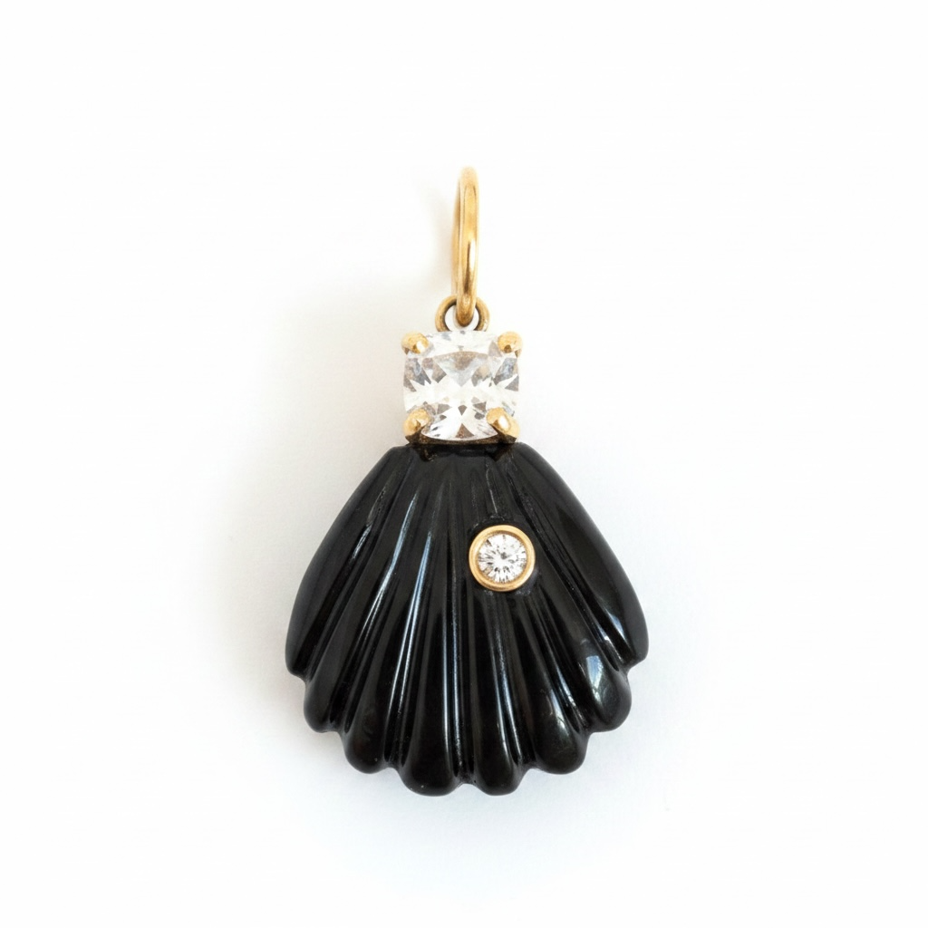 Black Onyx Shell Pendant with Diamond, Silver Spinel and 14k Gold