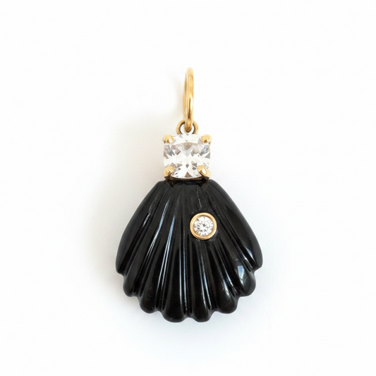 Black Onyx Shell Pendant with Diamond, Silver Spinel and 14k Gold