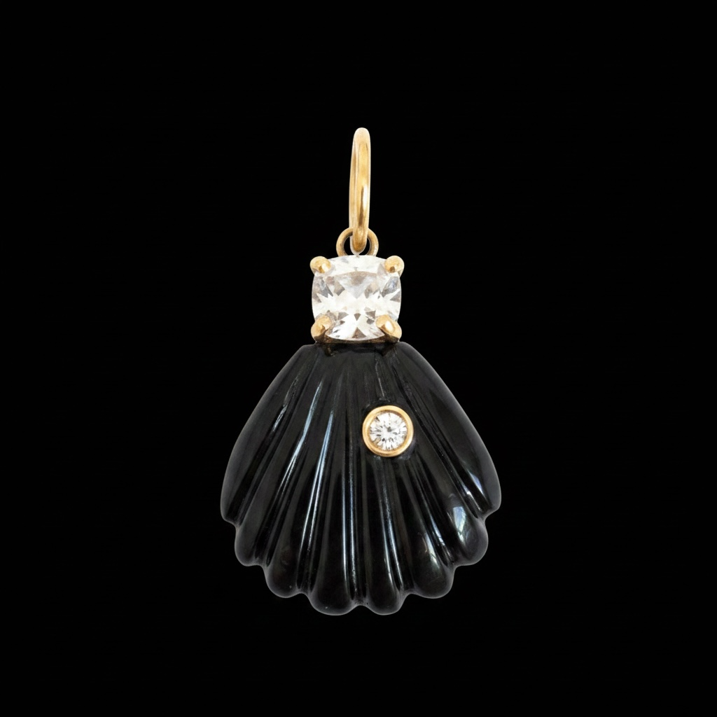 Black Onyx Shell Pendant with Diamond, Silver Spinel and 14k Gold