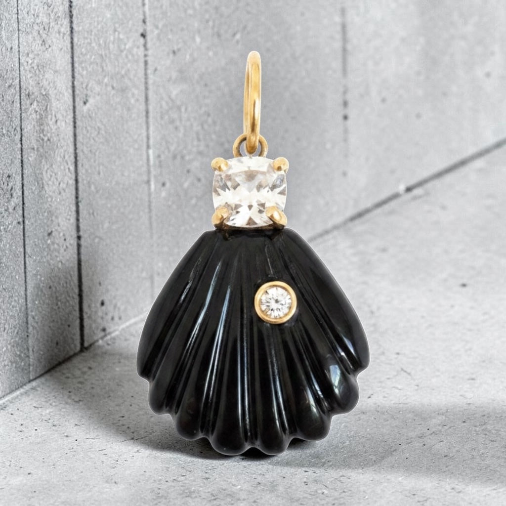 Black Onyx Shell Pendant with Diamond, Silver Spinel and 14k Gold
