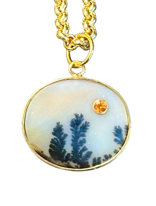 Dendritic Agate Pendant with Mandarin Garnet