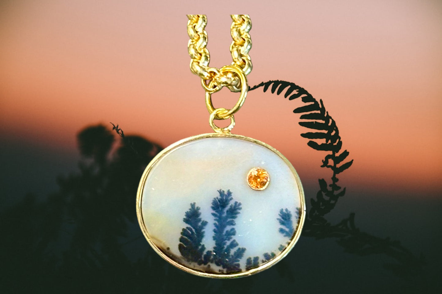 Dendritic Agate Pendant with Mandarin Garnet
