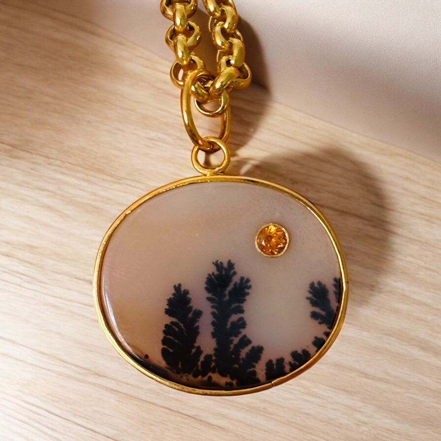 Dendritic Agate Pendant with Mandarin Garnet