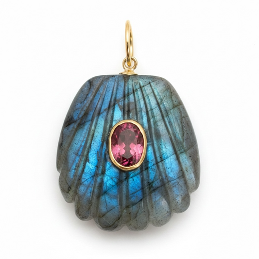 Labradorite Shell Pendant with Pink Tourmaline & 14k Gold