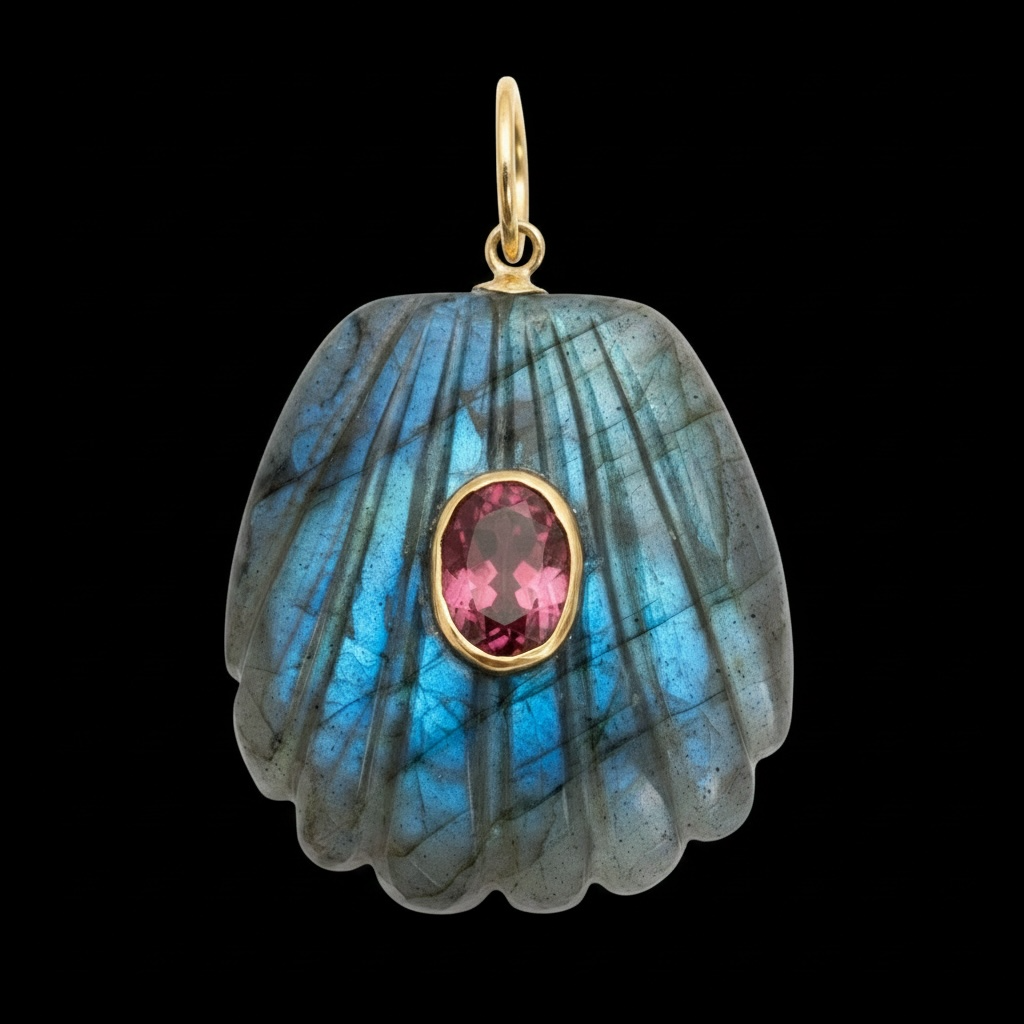 Labradorite Shell Pendant with Pink Tourmaline & 14k Gold