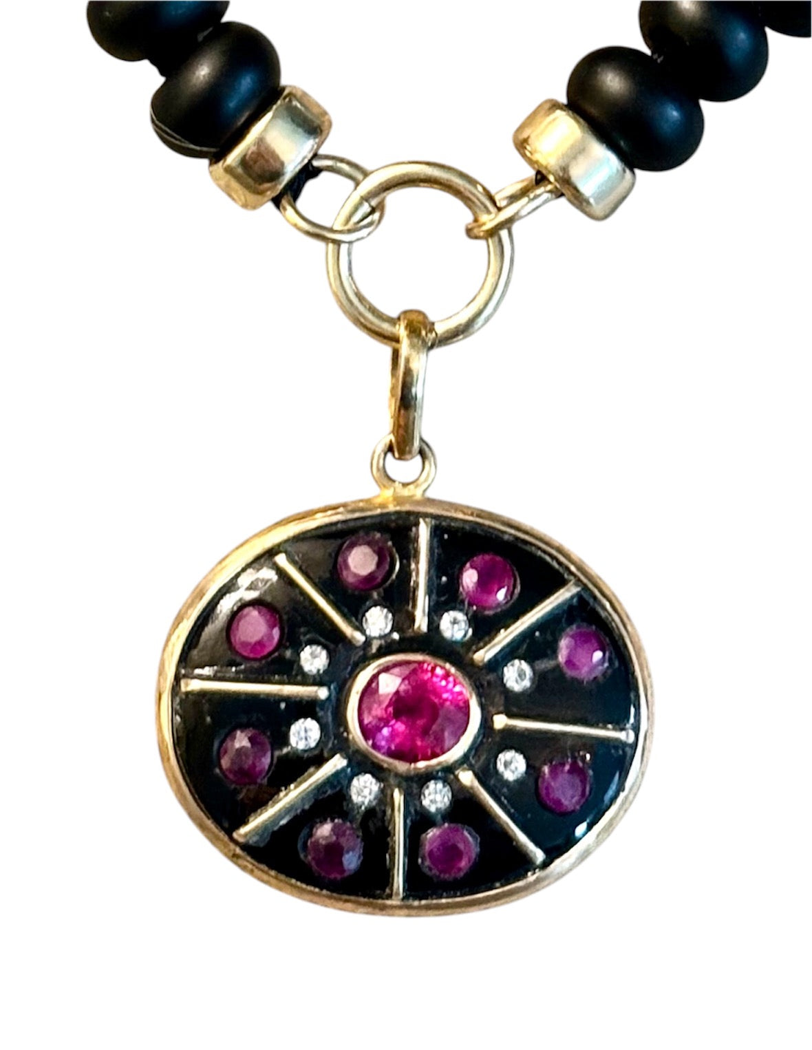 SOL Pendant, black onyx, rubies & diamonds