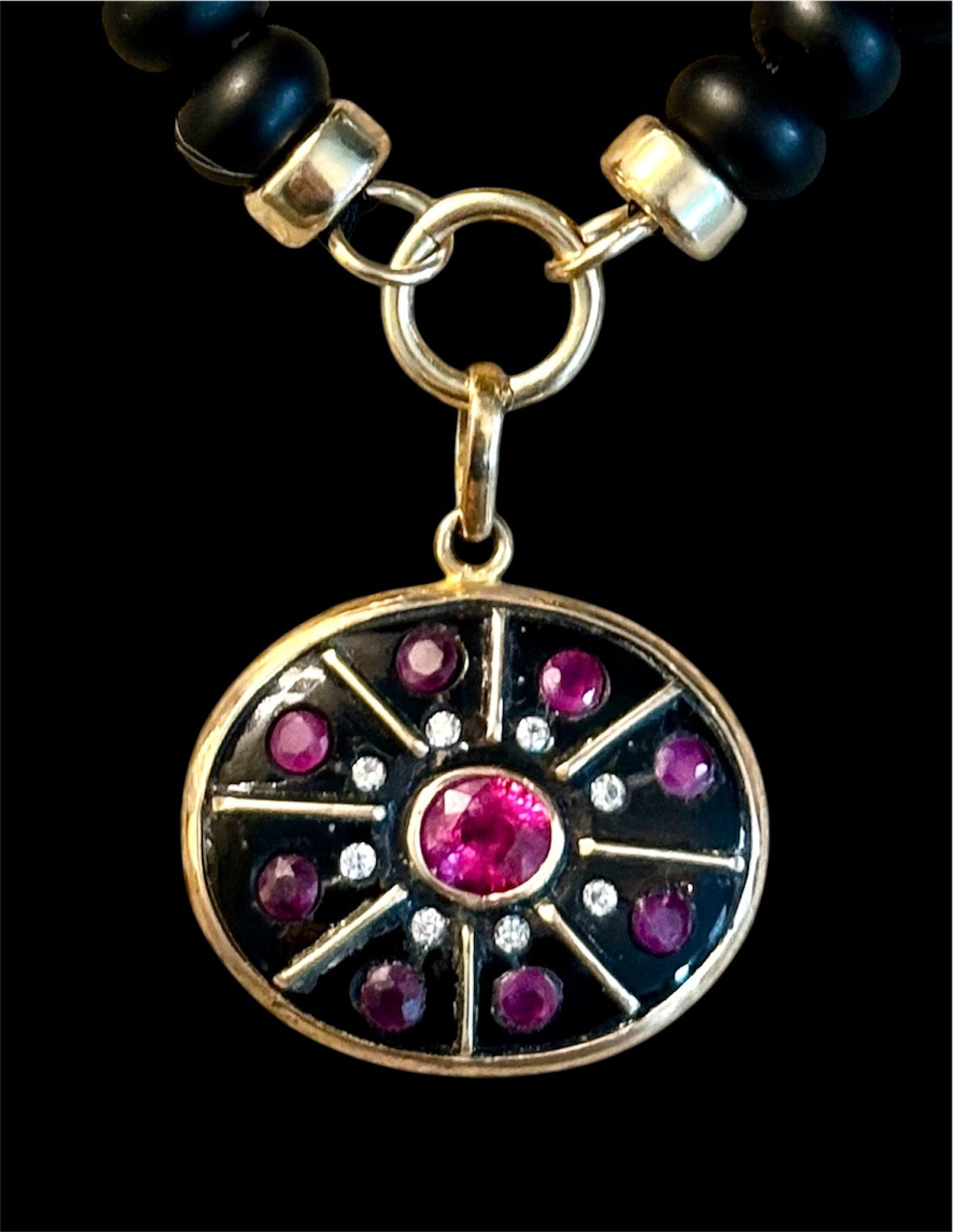 SOL Pendant, black onyx, rubies & diamonds