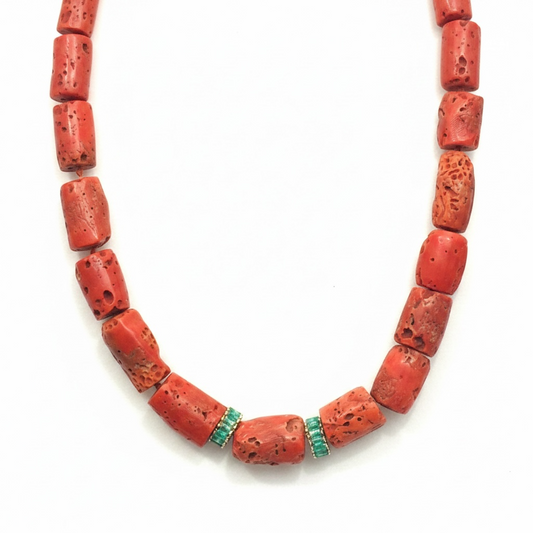 Coral and Emerald Necklace with 14k Gold