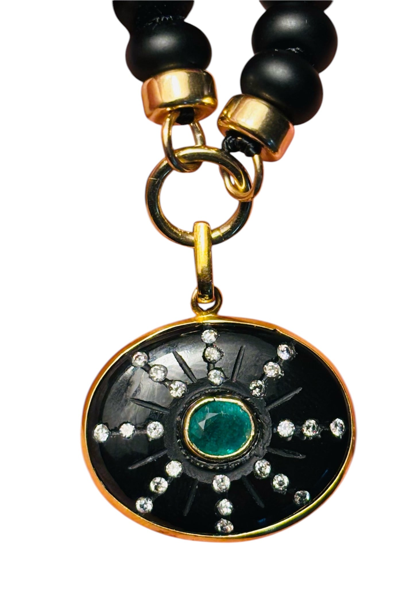 S O L Pendant, black onyx, emerald, diamonds